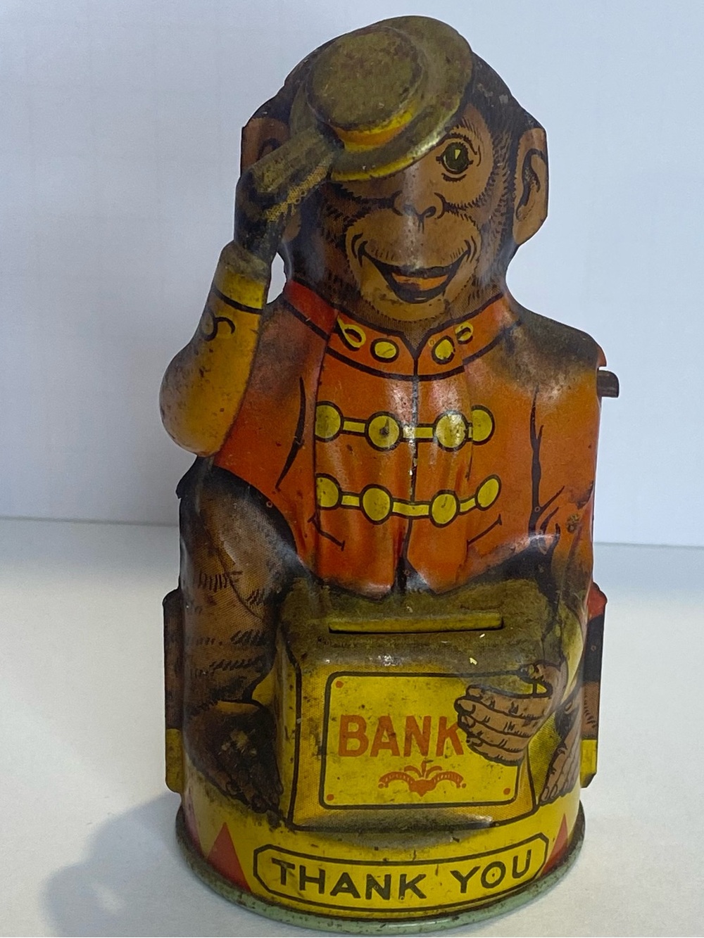 VTG J. Chein & Co. Litho Monkey Mechanical Coin Bank Tin Bellhop 1940s USA WORKS